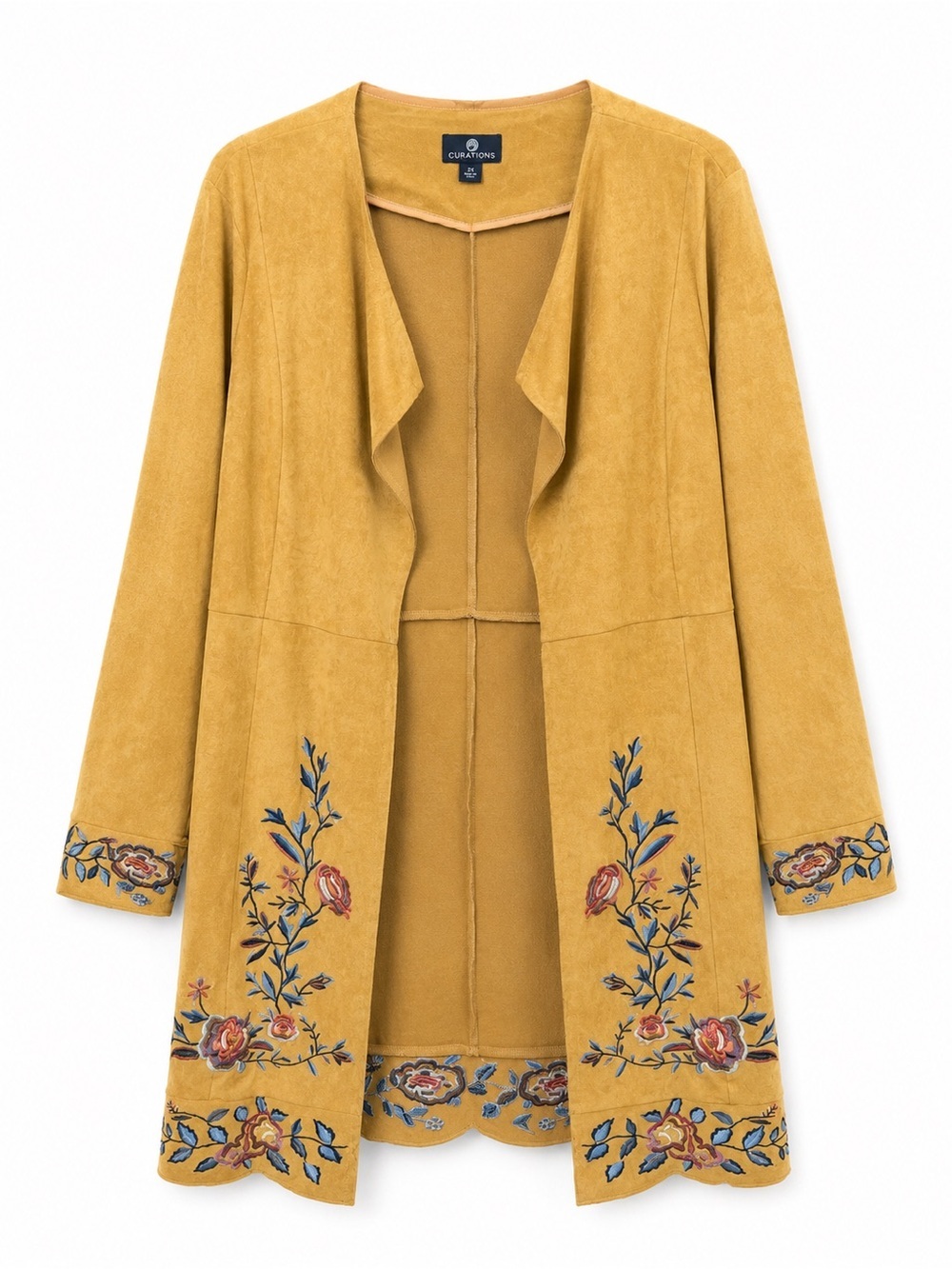 CURATIONS | Faux Suede Embroidered Open Front Jacket